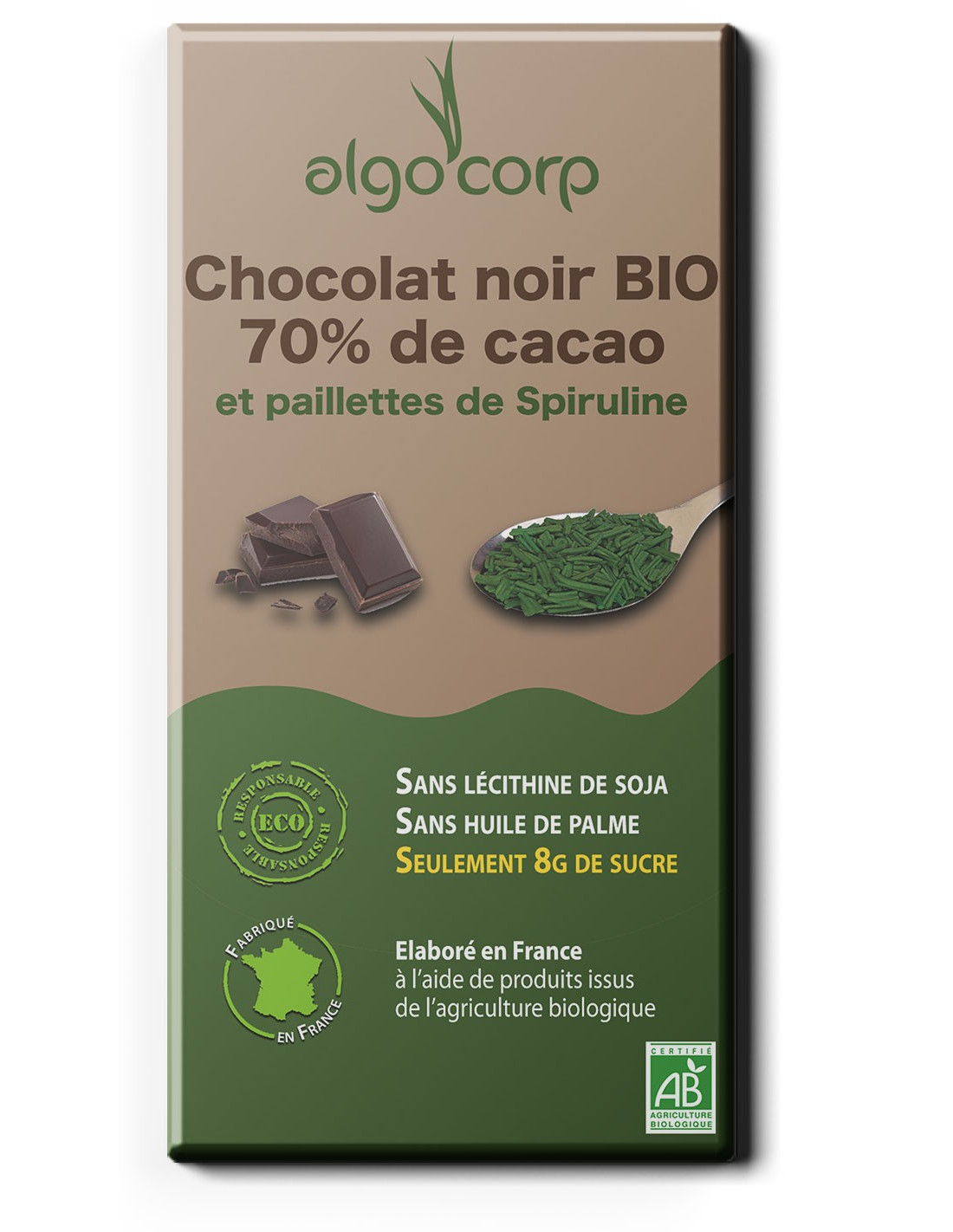 Chocolat noir 70% BIO et Spiruline